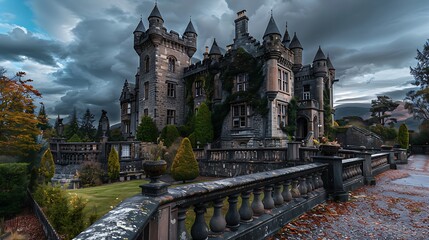 Highland Castle, Cloudy Day, Scottish Baronial Architecture,
