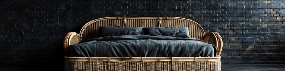Fototapeta premium Dark bedroom interior mockup, wooden rattan bed on empty dark brick wall background, Scandinavian style, 3d render