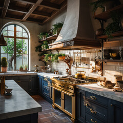 French country cottage style decoration in the luxury kitchen in the vintage home .