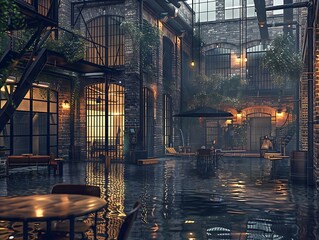Industrial Chic Warehouse Conversion, Rainy Evening, Urban Cool,
