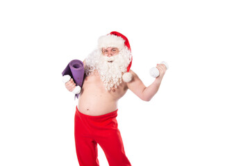 Funny fat Santa Claus is doing fitness. Man and healthy lifestyle. White background.