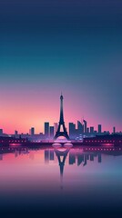 Eiffel Tower silhouette at sunset with reflections in water.