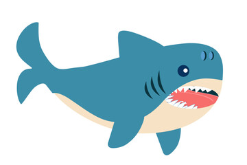  Sea animal shark with hand drawn sea life elements. Cute marine shark isolated on a white background, clipart. Cartoon ocean fish