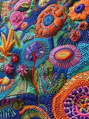 Embroidered bright colors detailed stitch pattern on white background.