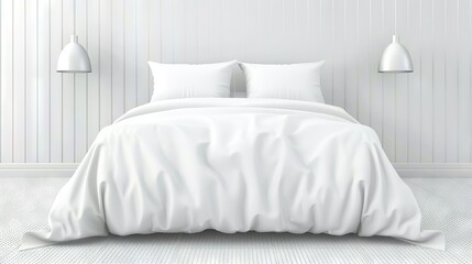   A white bed has two lamps on either side and a white comforter on the opposite