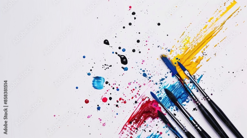 Wall mural Colorful paint brushes on a white background from above