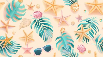summer patterns with soft colors, including beach and sunglasses elements for a tranquil feel