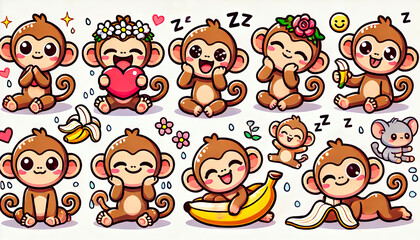 Naklejka premium Cute cartoon monkey stickers with various expressions and poses, perfect for children’s products, educational materials, merchandise, stationery, and playful designs.