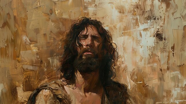 intense portrait of john the baptist in the wilderness dressed in camels hair oil painting