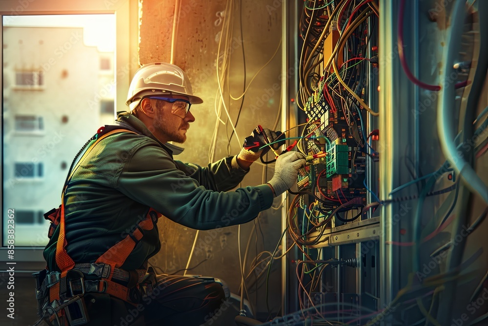 Poster an electrician wearing safety gear works on wiring in an open wall, connecting cables and using tool