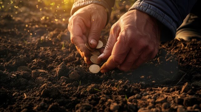 investment growth concept hands planting coins in soil financial metaphor digital art
