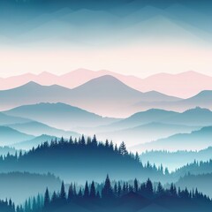 Obraz premium A mountain range in view, with trees in the foreground and a pastel sky behind