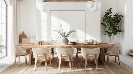 inviting cozy living room interior with rustic wooden dining table and chairs home decor mockup