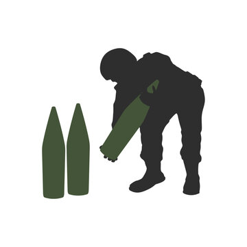 recommend clip art: Isolated silhouette of a soldier raising artillery ammunition. Black drawing of a warrior serving a cannon. Modern war scene