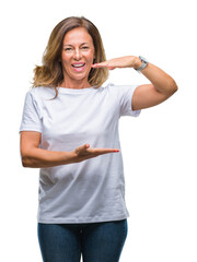 Fototapeta premium Middle age senior hispanic woman over isolated background gesturing with hands showing big and large size sign, measure symbol. Smiling looking at the camera. Measuring concept.