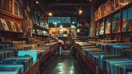 Fototapeta premium Vintage vinyl record store interior with extensive collection