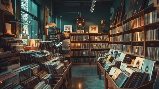 Vintage vinyl records fill a record store in an urban setting