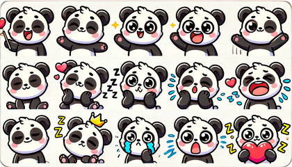 Cute cartoon panda stickers with various expressions and poses, perfect for children’s products, educational materials, merchandise, stationery, and playful designs.