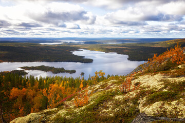 Autumn Landscapes overlooking the lake Kaskama. Kola Peninsula, Arctic Circle, Russia