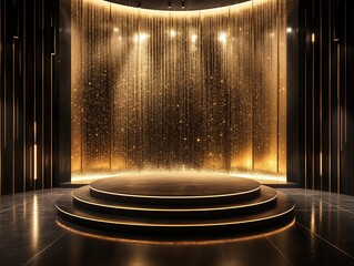 Luxurious golden stage with dramatic lighting and elegant curtains, perfect for award ceremonies and performances.