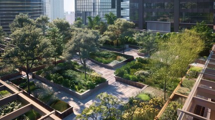 A lush urban rooftop garden in the city center