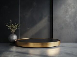Minimalist interior with a stylish vase and a round, golden tray on a dark, modern background. Elegant and sophisticated decor.