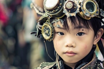 Young boy in steampunk goggles and vintage costume looks serious and imaginative, standing out at a festive event