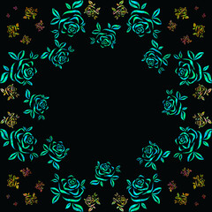 Neon green roses frame on the black background