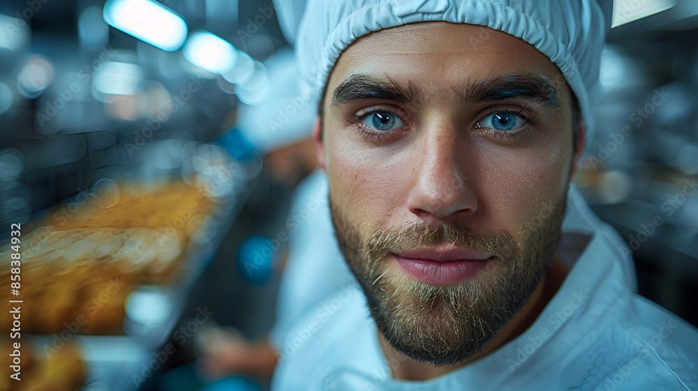 Sticker worker in a food factory looking at the camera