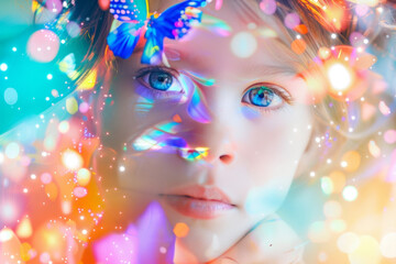 Young child with a butterfly in her hair is surrounded by colorful lights and bokeh, creating a dreamy and magical atmosphere