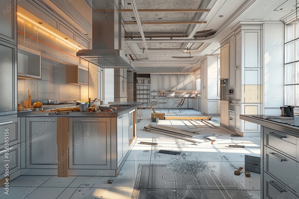 Aufkleber renovated kitchen with new cabinets and countertops in progress, showcasing quality and style in tra