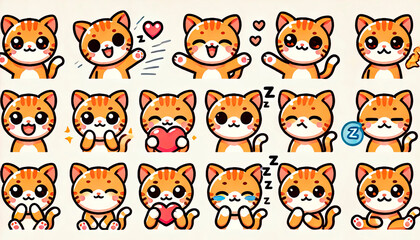 Cute cartoon cat stickers with various expressions and poses, perfect for children’s products, educational materials, merchandise, stationery, and playful designs.