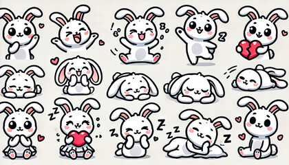 Fototapeta premium Cute cartoon bunny stickers with various expressions and poses, perfect for children’s products, educational materials, merchandise, stationery, and playful designs.