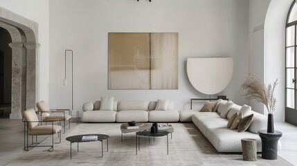 An elegant and sophisticated living room design with a white canvas backdrop, tastefully positioned minimal furniture, Contemporary minimalist style
