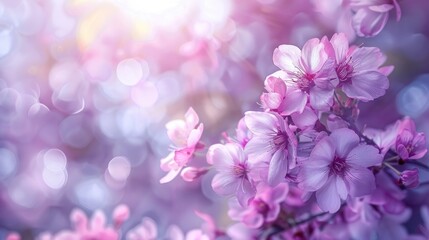 Soft purple floral background with vintage romantic vibe and blurry cherry blossom in garden