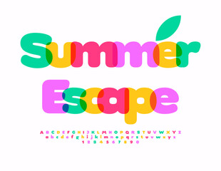 Vector colorful banner Summer Escape. Sunny White 3D Font. Creative set of Alphabet Letters and Numbers.