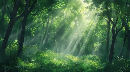Obraz premium lush green forest with sunlight filtering through trees carbon negative sustainability concept digital painting