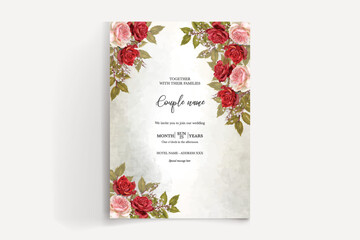WEDDING INVITATION FRAME WITH FLOWER DECORATIONS AND FRESH LEAVES 