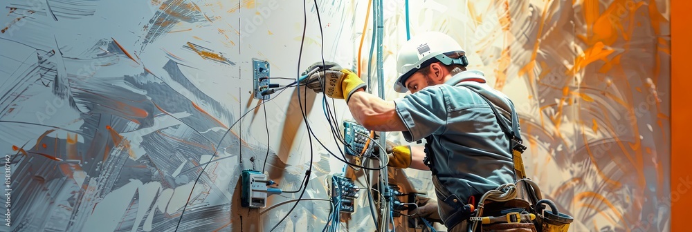Poster an electrician works on wiring inside an open wall, showcasing the intricate details of electrical w