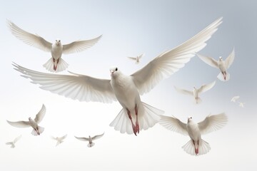 Group of elegant white doves flying gracefully in the clear blue sky on transparent background