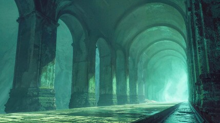 Naklejka premium Mysterious Arched Corridor with Greenish Light