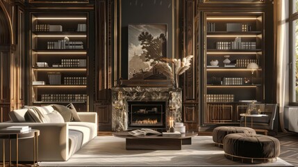 luxurious art deco living room with fireplace and bookcases elegant interior design 3d rendering