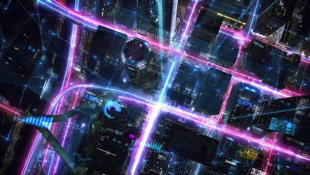 High Speed Internet Rays Passing Through Busy Smart City Downton Overhead Aerial Shot. 5g High Speed, Wireless Communication Network Concept. Internet of Things, Information Communication Technology, 