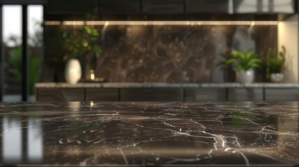 luxurious dark marble kitchen island countertop on blurred modern interior background 3d product display rendering
