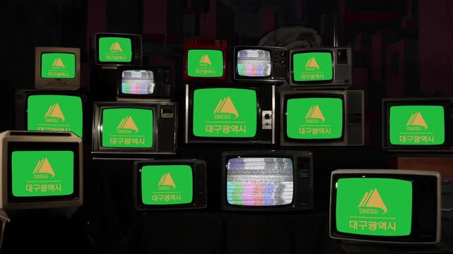 Flag of Daegu, located in South Korea, Displayed on a Stack of Vintage Televisions. 4K Resolution.