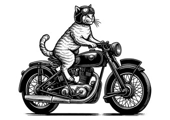 cat wearing a leather jacket riding a motorcycle, cool and adventurous vibe sketch engraving generative ai fictional character PNG illustration. Scratch board imitation. Black and white image.