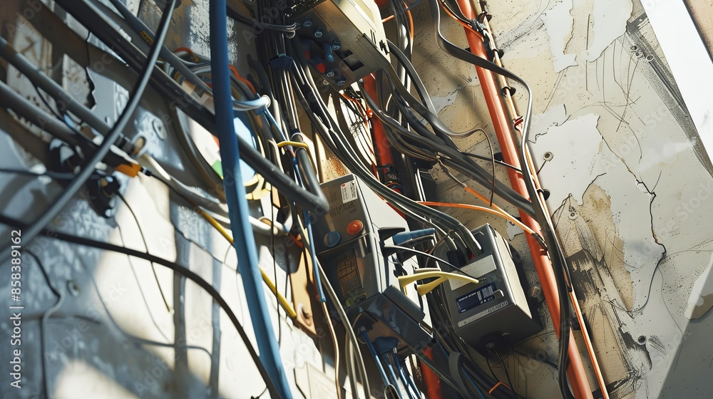 Poster A close-up view of an electrician working on electrical wiring in an open wall, showcasing a complex network of cables and connectors. Generative AI