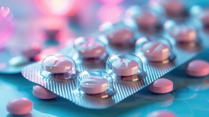 Birth control pills and container on table