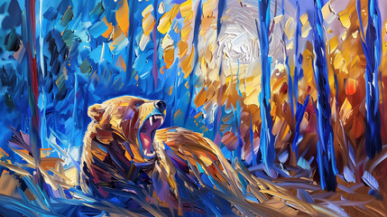 Horizontal oil painting of a Bear roaring