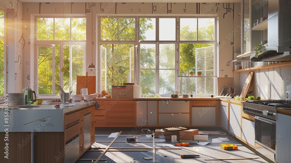 Aufkleber a modern kitchen undergoes a stylish transformation, showcasing new cabinets and countertops being i